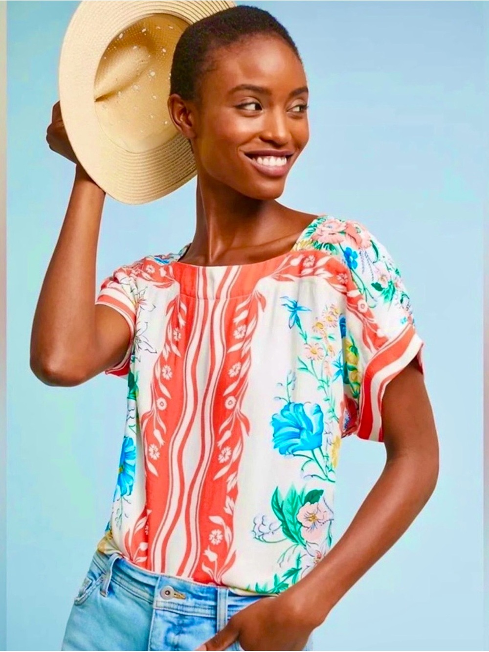 Anthropologie Mauve Floral Stripe Short Sleeve Blouse - White & Red - Picture 4 of 6